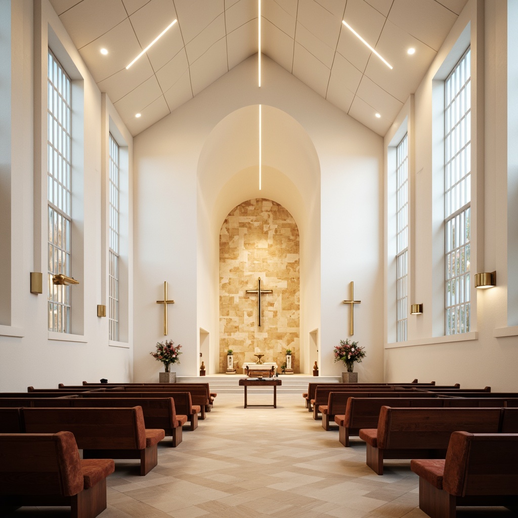 Prompt: Minimalist church interior, sleek white walls, subtle texture patterns, warm beige accents, modern stained glass windows, abstract geometric shapes, polished chrome fixtures, ambient soft lighting, shallow depth of field, 1/1 composition, panoramic view, realistic metallic reflections, ambient occlusion, luxurious velvet pews, rich wood tones, ornate metal details, elegant curved lines, sophisticated architectural elements, subtle spiritual symbols, peaceful atmosphere, calming color palette.