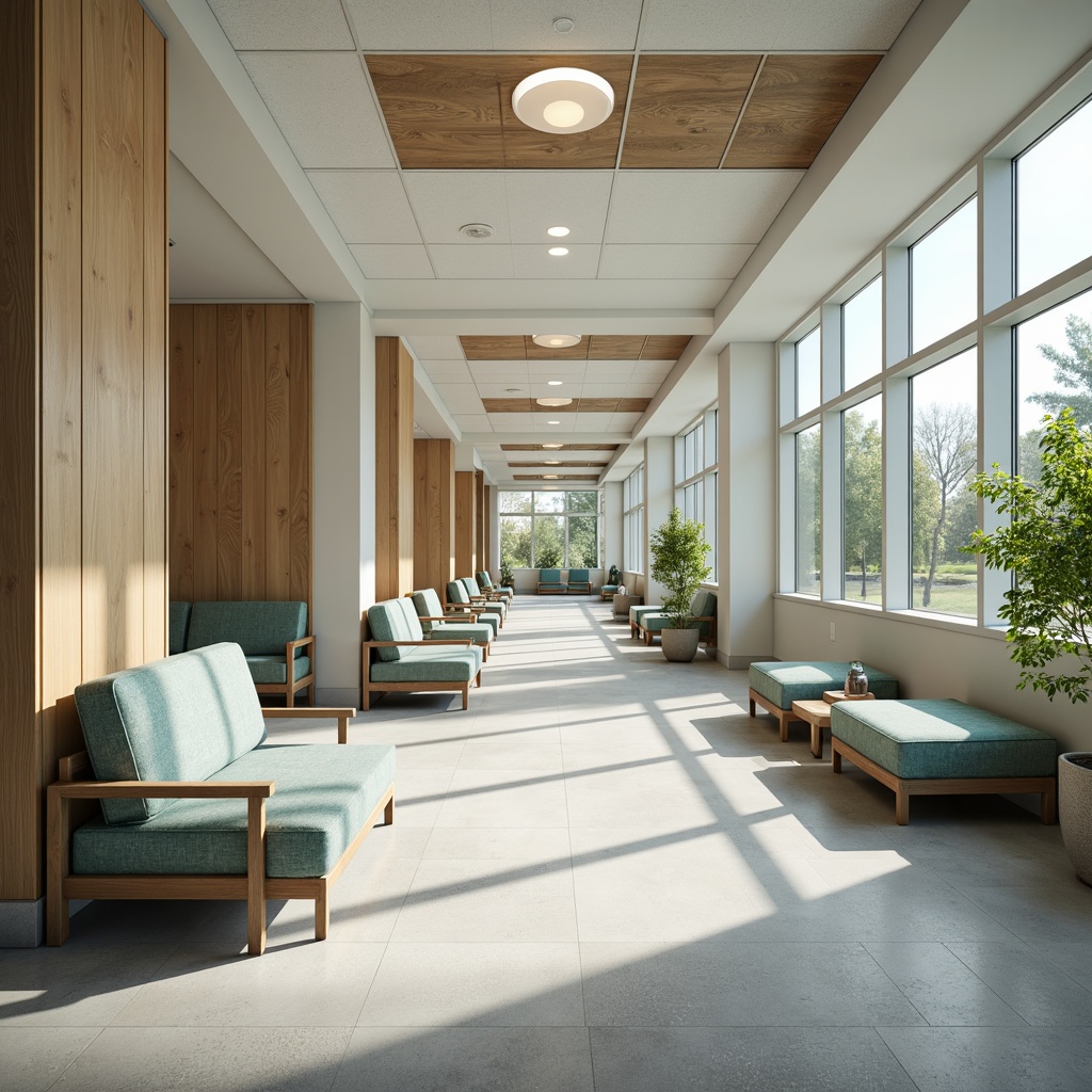 Prompt: Sterile hospital corridors, gentle ambient lighting, soft pastel color schemes, calming nature-inspired accents, durable easy-to-clean flooring, scratch-resistant walls, antimicrobial surface finishes, comfortable patient seating, ergonomic nurse stations, warm wood tones, subtle patterned upholstery, soothing acoustic ceiling tiles, natural stone features, large windows with exterior views, abundant natural light, 1/2 composition, shallow depth of field, realistic textures.