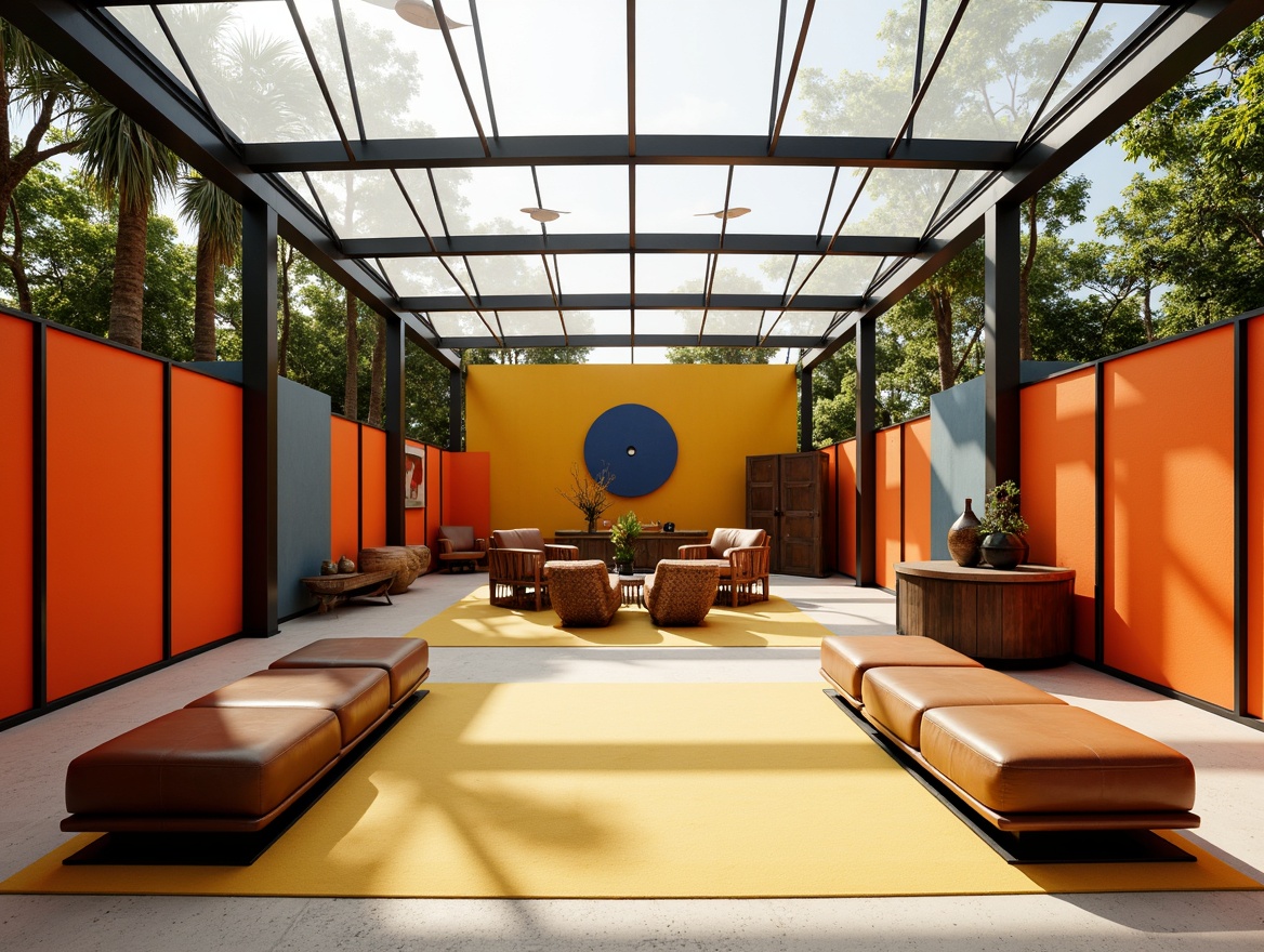 Prompt: Vibrant pavilion, minimalist interior, bold color blocking, geometric shapes, tubular steel frames, leather cushions, sleek wooden accents, modernist architecture, transparent glass roofs, natural light pouring in, warm afternoon ambiance, soft focus, shallow depth of field, 1/2 composition, symmetrical framing, monochromatic color scheme, industrial materials, functional decor, abstract artwork, sculptural furniture pieces.