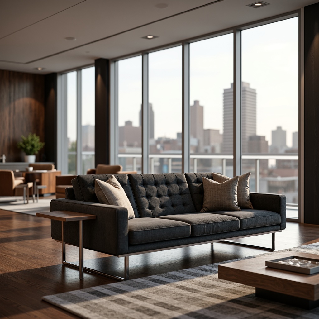 Prompt: Luxurious modern living room, sleek low-profile sofa, tufted velvet upholstery, polished chrome legs, minimalist coffee table, geometric patterned rug, floor-to-ceiling windows, natural light pouring in, urban cityscape view, soft warm lighting, shallow depth of field, 3/4 composition, realistic textures, ambient occlusion.