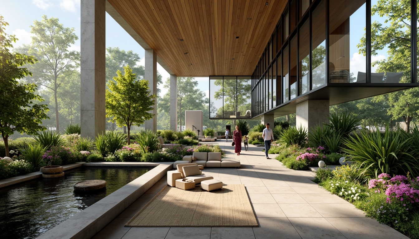 Prompt: Sleek modern interior, lush greenery, vibrant flowers, natural stone walls, wooden accents, floor-to-ceiling windows, abundant natural light, calming water features, minimalist decor, geometric planters, serene ambiance, warm color palette, textured rugs, comfortable seating areas, subtle fragrance, 1/1 composition, soft focus, realistic reflections.