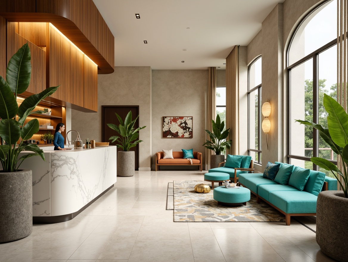 Prompt: Vibrant modern interior design, neutral beige walls, rich wood accents, bold turquoise furniture, soft creamy textures, metallic gold decorations, elegant marble countertops, lush green plants, warm natural lighting, shallow depth of field, 1/1 composition, realistic renderings, ambient occlusion.