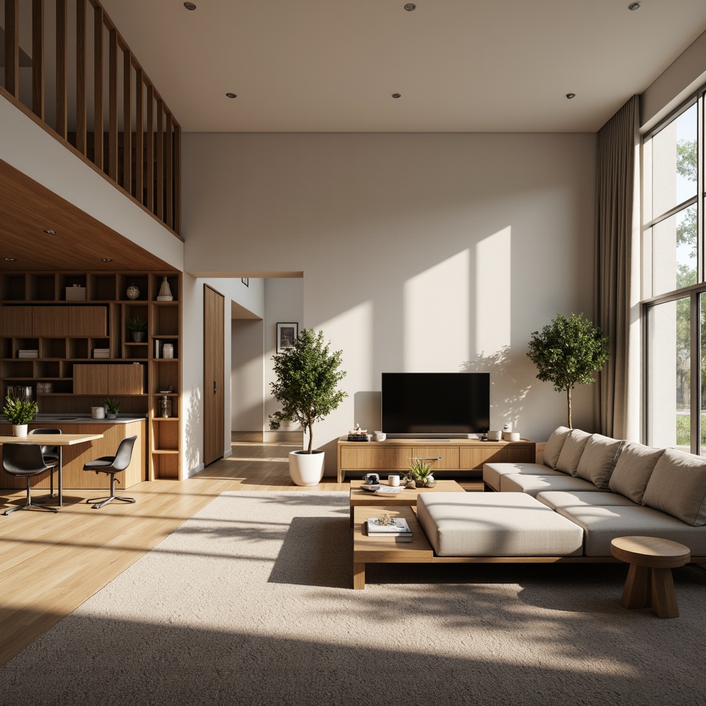 Prompt: Modern living room, sleek furniture, minimalist decor, optimized spatial arrangement, multi-functional sofas, hidden storage compartments, ergonomic chairs, adjustable desks, ambient lighting, soft carpet flooring, natural wood accents, neutral color palette, 3/4 composition, shallow depth of field, realistic textures, warm cozy atmosphere, afternoon sunlight, subtle shadows.