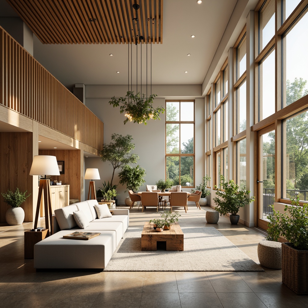 Prompt: Cozy university campus, Nordic-inspired interior design, abundant natural light, floor-to-ceiling windows, minimal ornamentation, wooden accents, beige walls, comfortable sofas, rustic coffee tables, pendant lamps, greenery, blooming flowers, warm atmosphere, soft shadows, shallow depth of field, 1/1 composition, realistic textures, ambient occlusion.