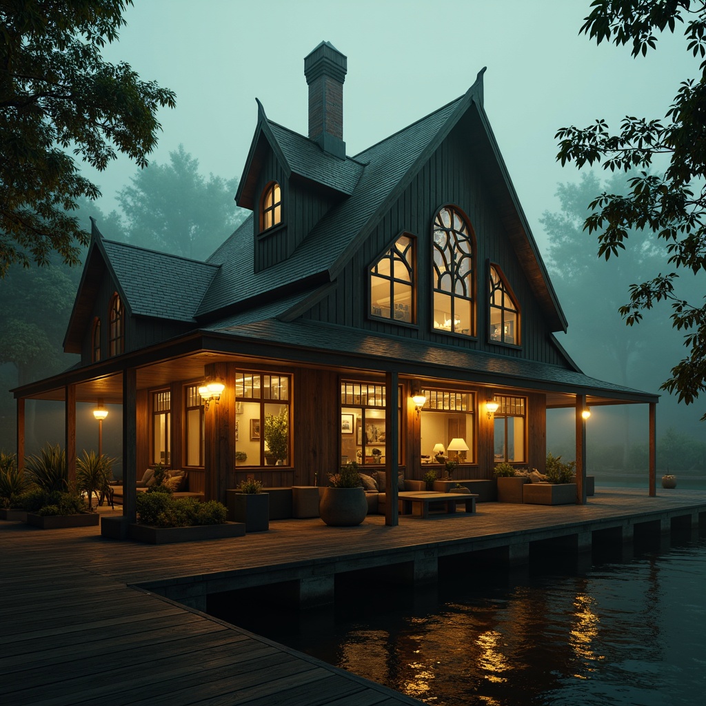 Prompt: Mysterious boathouse, rustic wooden docks, eerie foggy atmosphere, warm golden lighting, lantern-style lamps, ornate metalwork, stained glass windows, pointed arches, ribbed vaults, flying buttresses, dramatic shadows, misty waterfront, ancient trees, overgrown vegetation, mystical ambiance, soft box lighting, high contrast ratio, cinematic mood, warm color palette, mysterious reflections, subtle water ripples.