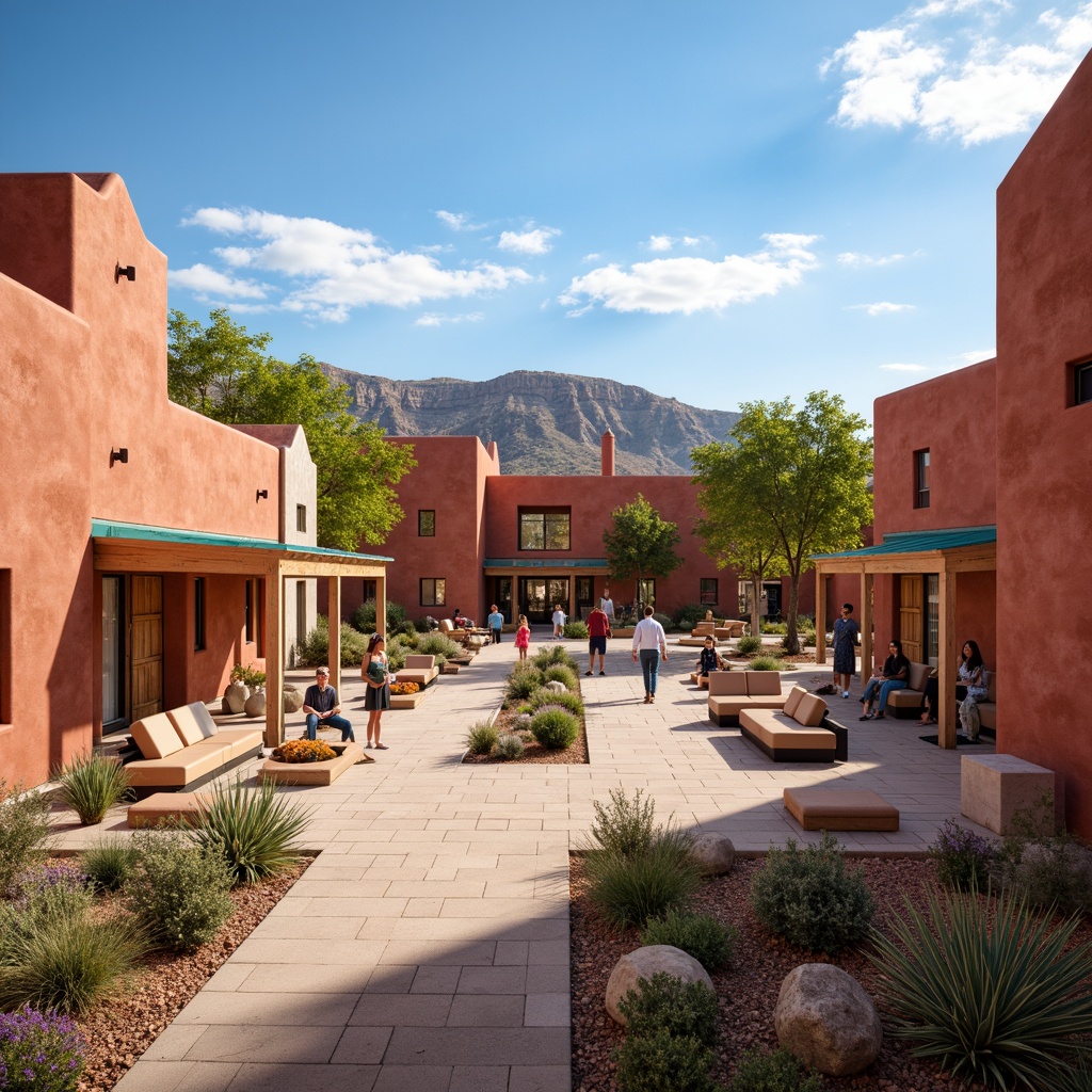 Prompt: Vibrant southwestern campus, warm terracotta buildings, stucco textures, turquoise accents, earthy red roofs, desert landscape, cacti plants, clear blue sky, vast open spaces, adobe-inspired architecture, ornate wooden doors, colorful tile work, rustic metal details, lively student gatherings, shaded outdoor seating areas, soft warm lighting, shallow depth of field, 3/4 composition, panoramic view, realistic textures, ambient occlusion.