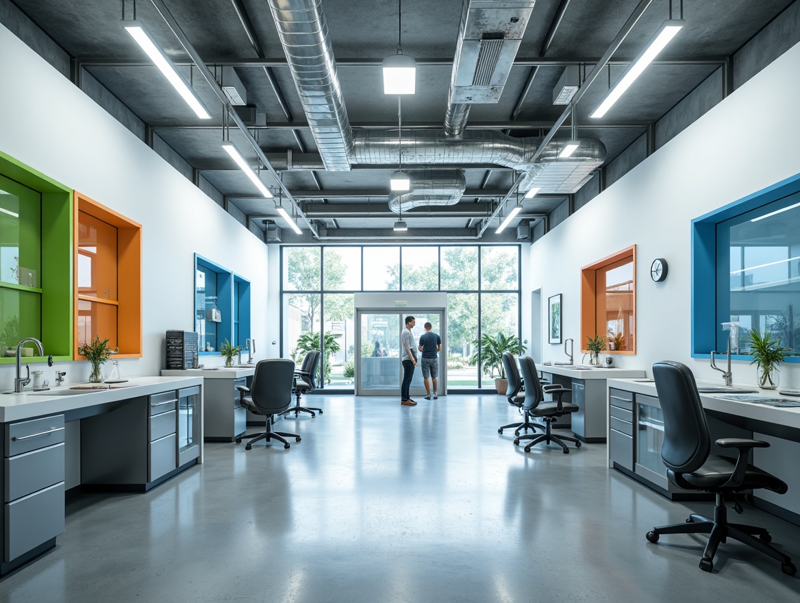 Prompt: Modern laboratory interior, sterile white walls, polished metal equipment, sleek glass surfaces, bold accent colors, neon green, electric blue, vibrant orange, minimalist design, industrial chic aesthetic, exposed ductwork, concrete floors, ergonomic furniture, futuristic ambiance, high-contrast lighting, shallow depth of field, 1/1 composition, realistic textures, ambient occlusion.