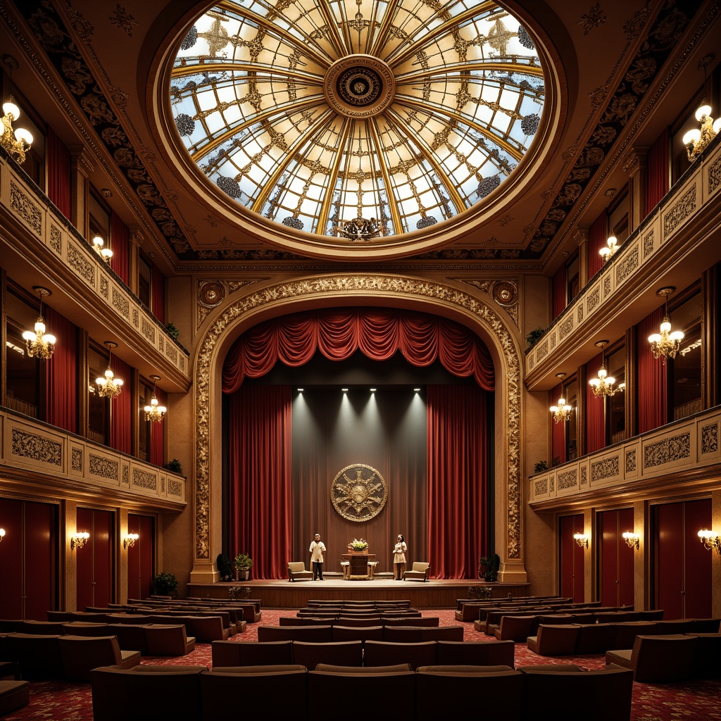 Prompt: Lavish theater interior, ornate ironwork, flowing organic lines, sinuous curves, stained glass ceiling, grand chandelier, rich velvet curtains, intricately carved wooden panels, gilded accents, sweeping archways, dramatic spotlights, warm golden lighting, shallow depth of field, 1/1 composition, symmetrical framing, realistic textures, ambient occlusion, ornate balconies, decorative railings, floral patterns, peacock-inspired motifs.