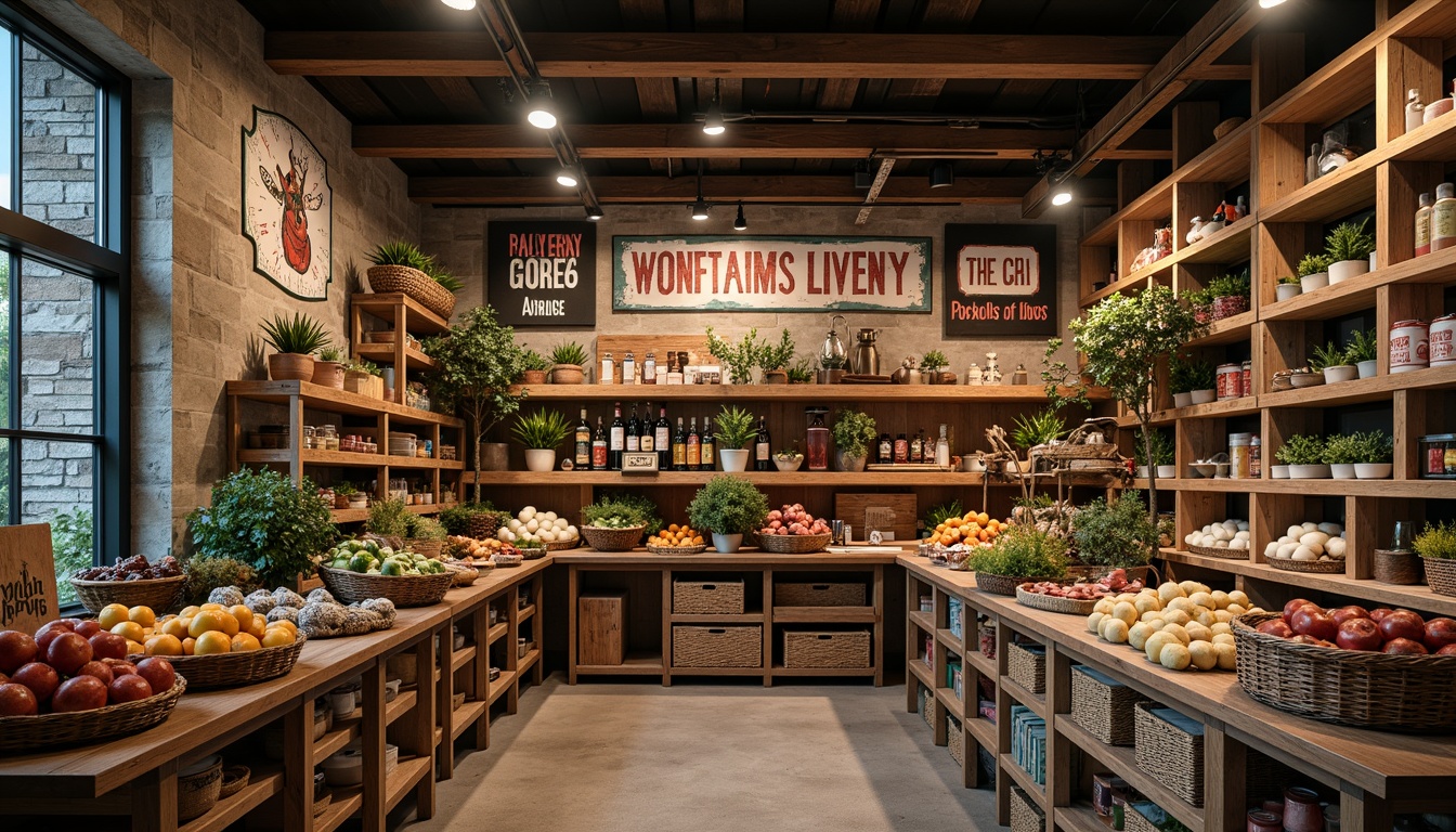 Prompt: Rustic grocery store, reclaimed wood shelves, distressed metal frames, vintage-inspired signs, earthy color palette, wooden crates, woven baskets, natural stone flooring, exposed brick walls, rustic lanterns, warm ambient lighting, shallow depth of field, 3/4 composition, realistic textures, ambient occlusion.