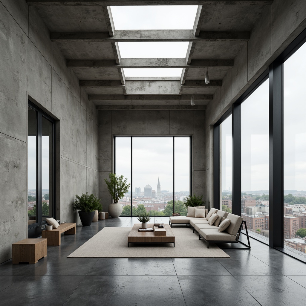 Prompt: Raw concrete walls, industrial metal beams, minimalist decor, abundant natural light, clerestory windows, skylights, floor-to-ceiling glazing, reflective surfaces, matte finishes, brutalist architecture, urban landscapes, cityscapes, overcast skies, soft diffused lighting, subtle shadows, 1/1 composition, realistic textures, ambient occlusion.