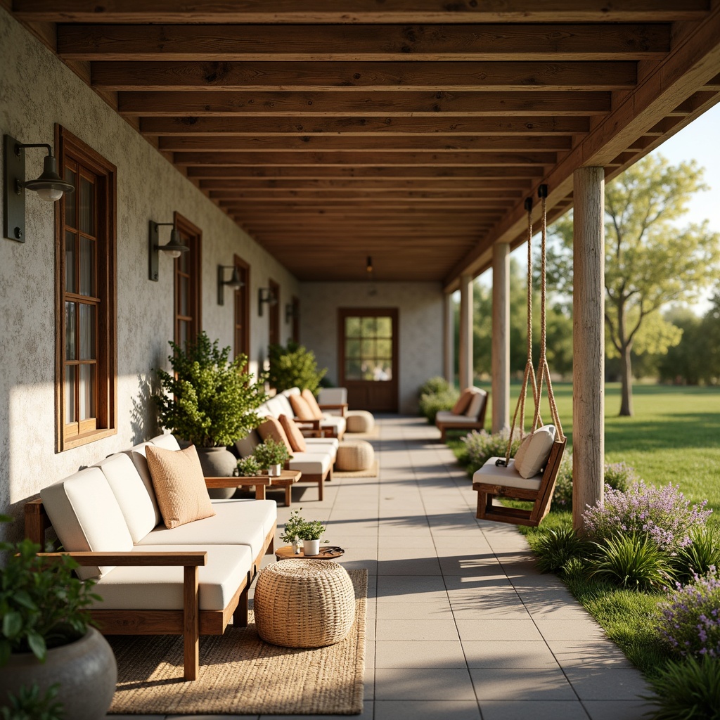 Prompt: Rustic farmhouse, warm earthy tones, soft creamy whites, weathered wood accents, vintage metal fixtures, distressed stone walls, lush greenery, blooming wildflowers, cozy porch swings, natural linen fabrics, woven wicker furniture, soft golden lighting, shallow depth of field, 1/1 composition, intimate atmosphere, realistic textures, ambient occlusion.