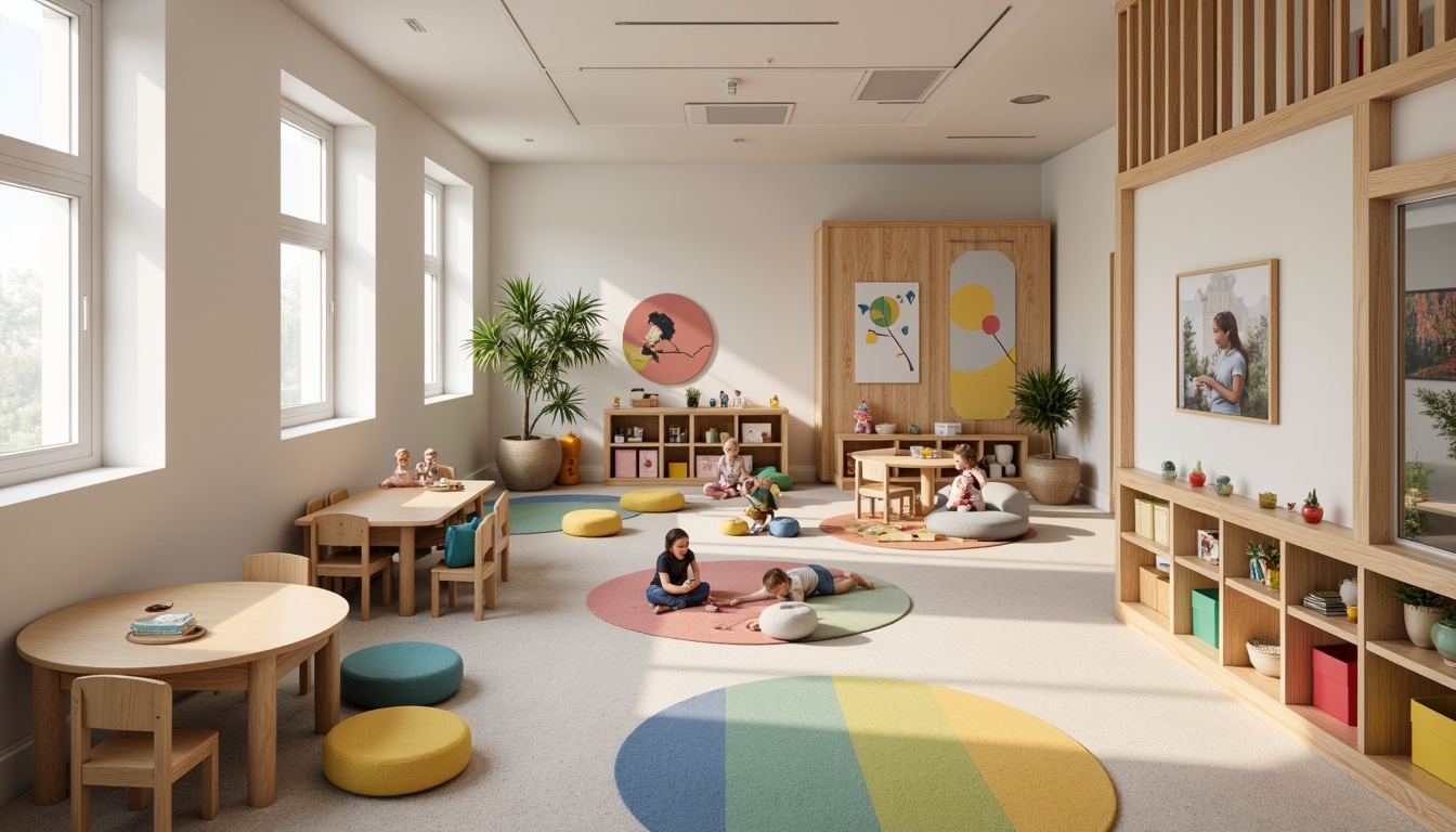 Prompt: Modern kindergarten interior, minimalist decor, circular tables, ergonomic chairs, colorful storage bins, soft cushions, wooden shelves, natural wood accents, vibrant rugs, educational wall decals, interactive play panels, sensory stimulation toys, pastel-colored blocks, round pillows, cozy reading nooks, warm task lighting, shallow depth of field, 1/1 composition, realistic textures, ambient occlusion.