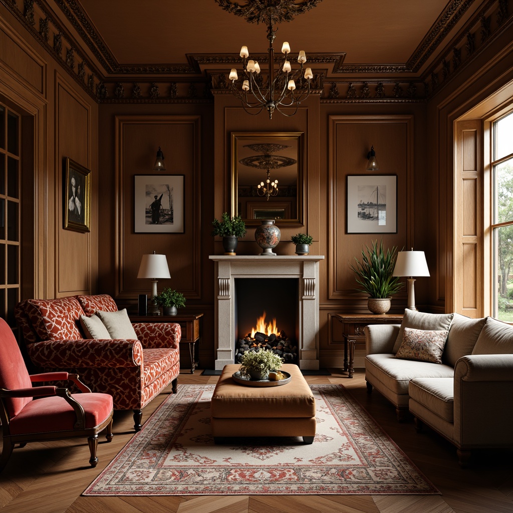 Prompt: Elegant living room, rich wood tones, ornate carvings, velvet upholstery, tufted sofas, rolled armchairs, cabriole legs, intricate patterns, luxurious fabrics, subtle ornamentation, warm golden lighting, soft focus, shallow depth of field, 2/3 composition, realistic textures, ambient occlusion.