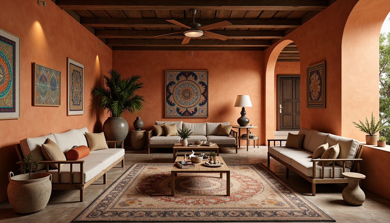 Prompt: Warm terracotta walls, rustic stone flooring, ornate wooden furniture, distressed leather upholstery, colorful ceramic tiles, woven wicker baskets, natural linen fabrics, intricate geometric patterns, vibrant turquoise accents, soft golden lighting, Mediterranean-inspired motifs, plush area rugs, decorative tapestries, earthy color palette, organic textures, shallow depth of field, 1/1 composition, realistic rendering.