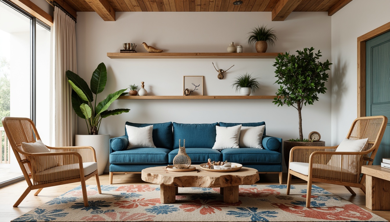 Prompt: Coastal living room, driftwood coffee table, woven sea grass armchairs, ocean blue velvet sofa, coral patterned rug, natural fiber textiles, reclaimed wood shelves, nautical themed decor, vintage fishing nets, potted palm trees, beachy vibe, soft warm lighting, shallow depth of field, 1/1 composition, panoramic view, realistic textures, ambient occlusion.