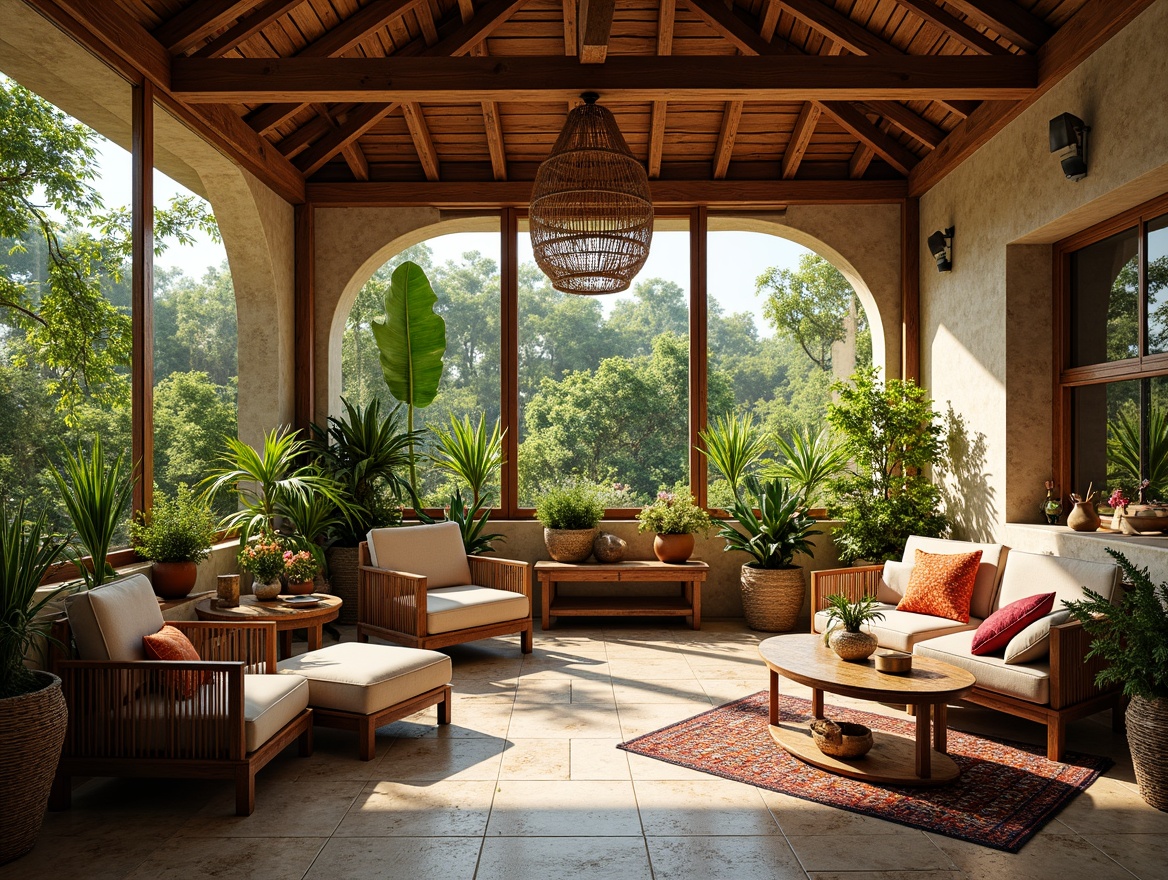 Prompt: Vibrant sunroom, lush greenery, exotic plants, natural stone flooring, wooden accents, warm lighting, cozy furniture, plush throw pillows, colorful textiles, intricate patterns, Moroccan-inspired tiles, rustic wooden beams, large windows, sliding glass doors, bright sunny day, soft warm illumination, shallow depth of field, 3/4 composition, panoramic view, realistic textures, ambient occlusion.