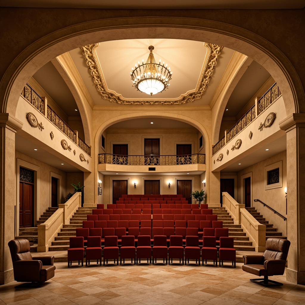 Prompt: Mediterranean-style auditorium, warm beige walls, rustic wooden accents, curved lines, ornate carvings, grand chandeliers, plush red velvet seats, tiered seating arrangement, comfortable armchairs, polished marble floors, soft golden lighting, intimate atmosphere, 1/2 composition, shallow depth of field, realistic textures, ambient occlusion.