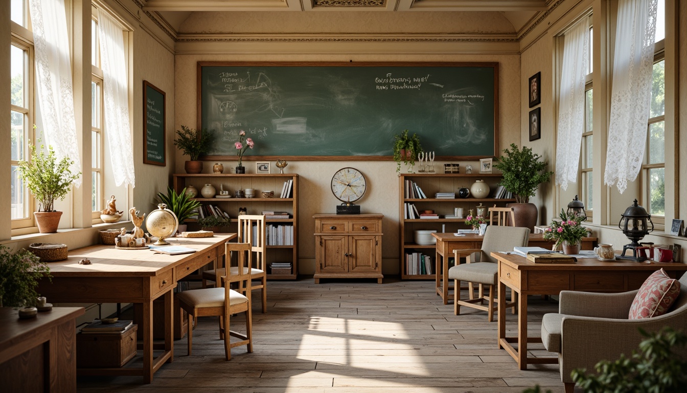 Prompt: Distressed wooden desks, vintage chalkboards, soft pastel colors, worn leather armchairs, lace curtains, floral patterns, distressed metal lanterns, rustic wooden shelves, antique globes, aged books, warm beige walls, creamy white trim, faded pink roses, gentle morning light, shallow depth of field, 1/1 composition, whimsical textures, romantic ambiance.