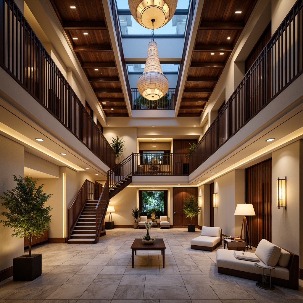 Prompt: Warm inviting atrium, high ceilings, grand staircases, ornate chandeliers, soft warm lighting, natural stone flooring, wooden accents, elegant furnishings, luxurious textiles, rich velvet drapes, subtle color palette, earthy tones, creamy whites, soft blues, warm golden lighting, table lamps, floor lamps, LED light installations, modern art pieces, eclectic decorative elements, abstract sculptures, artistic expressions, creative freedom, inspiring ambiance, relaxed atmosphere, calming environment.