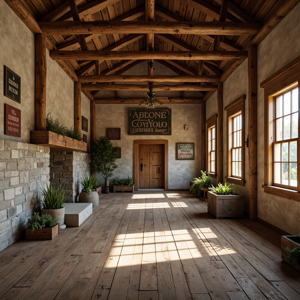 Prompt: Rustic farmhouse, wooden beams, distressed wood planks, natural stone walls, earthy color palette, vintage metal signs, reclaimed barnwood, exposed brick, worn wooden doors, antique hardware, soft warm lighting, shallow depth of field, 1/1 composition, realistic textures, ambient occlusion.