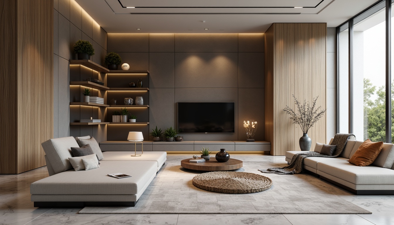 Prompt: Modern living room, sleek furniture, polished marble floors, textured walls, neutral color palette, minimalist decor, functional storage units, comfortable seating areas, task lighting, warm ambient glow, soft close-up shots, shallow depth of field, 1/1 composition, realistic reflections, subtle material textures.