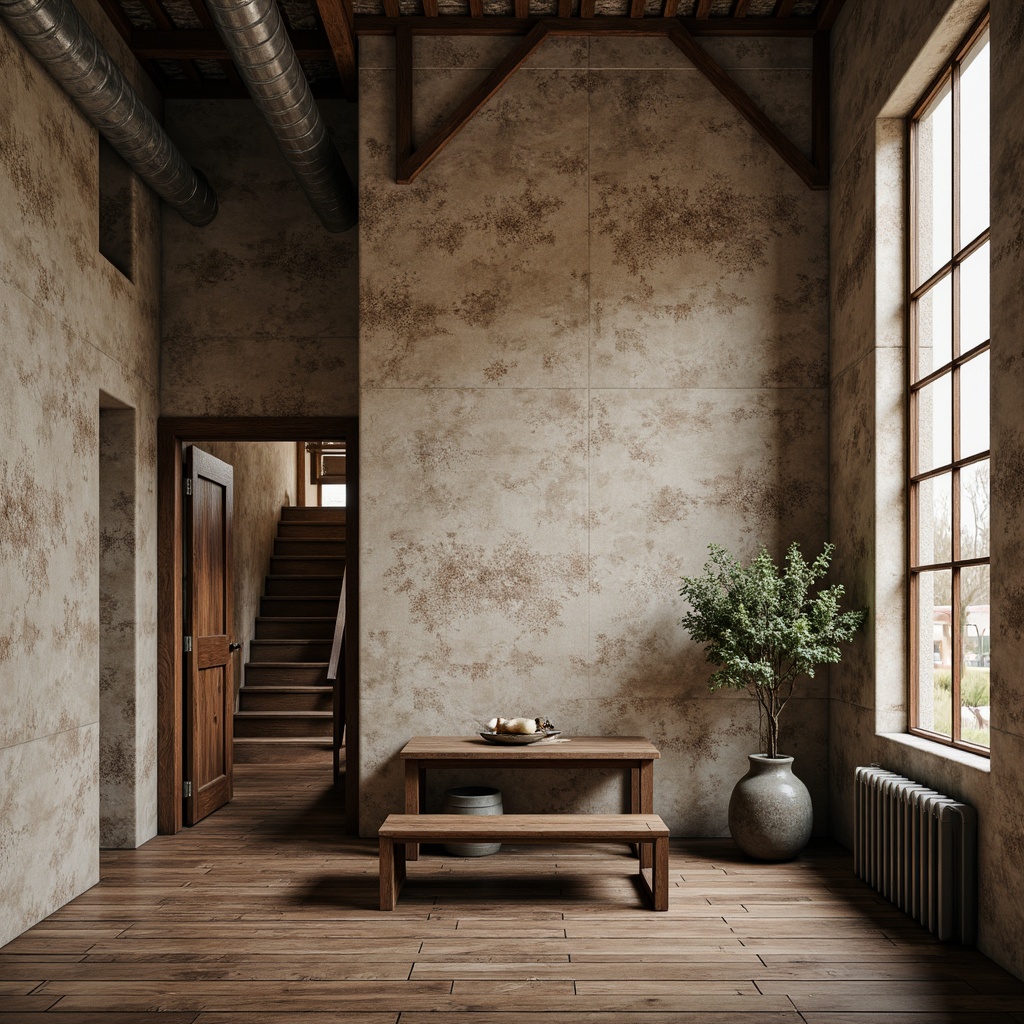 Prompt: Rustic textured walls, earthy tone, natural stone finish, distressed wood accents, modern industrial design, urban loft atmosphere, exposed ductwork, metal beams, reclaimed wood flooring, minimalist decor, soft warm lighting, shallow depth of field, 1/2 composition, realistic textures, ambient occlusion.