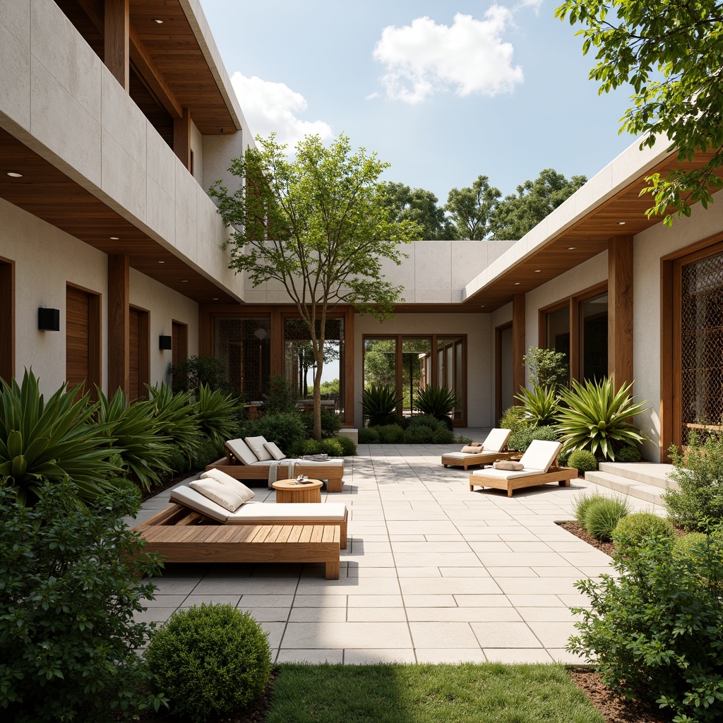 Prompt: Open-air courtyard, lush greenery, natural stone flooring, sleek wooden benches, minimalist planters, retro-inspired outdoor furniture, warm sunny day, soft diffused lighting, shallow depth of field, 3/4 composition, panoramic view, realistic textures, ambient occlusion, mid-century modern architecture, large windows, sliding glass doors, organic shapes, free-flowing interior spaces, functional minimalism, natural material palette, earthy color scheme, geometric patterns, decorative screens, statement light fixtures.