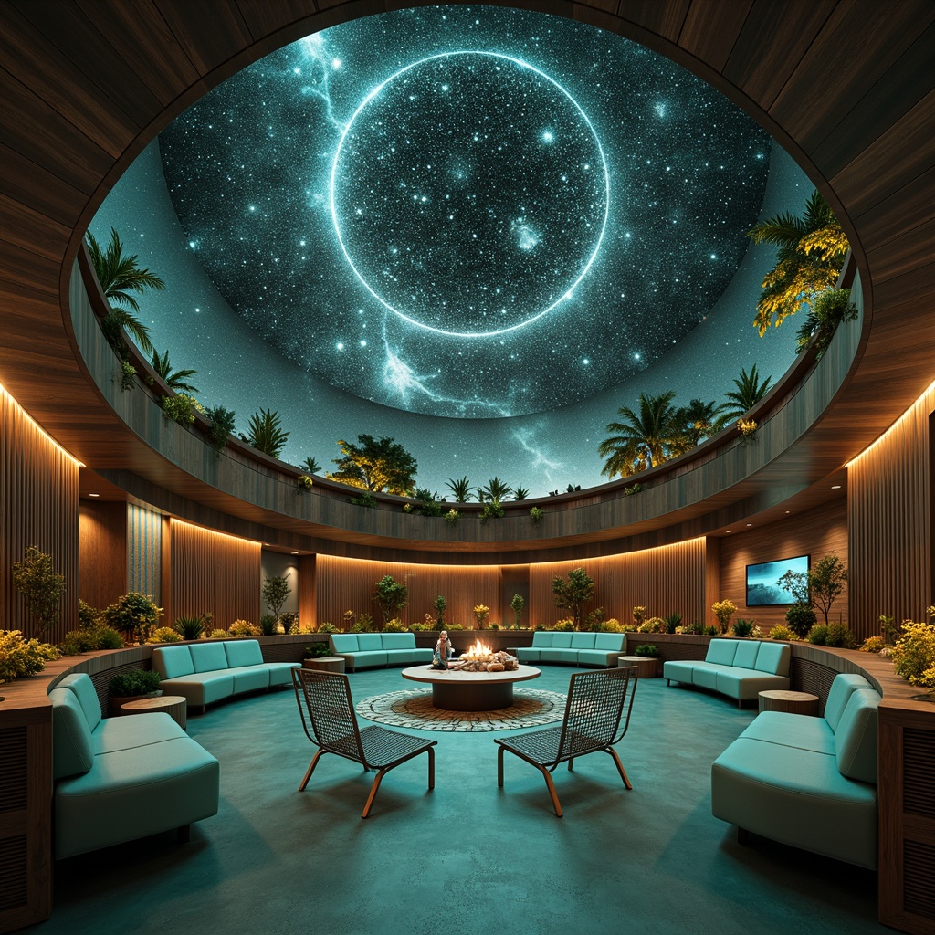 Prompt: Retro-futuristic planetarium interior, starry night sky projections, geometric dome ceiling, circular seating areas, built-in planters, sleek wooden benches, minimalist metal chairs, rounded coffee tables, ambient soft lighting, 3/4 composition, shallow depth of field, realistic textures, subtle sci-fi elements, mid-century modern-inspired decor, atomic age patterns, walnut wood accents, turquoise color schemes, brass hardware details, space-age-inspired accessories, spherical pendant lights.