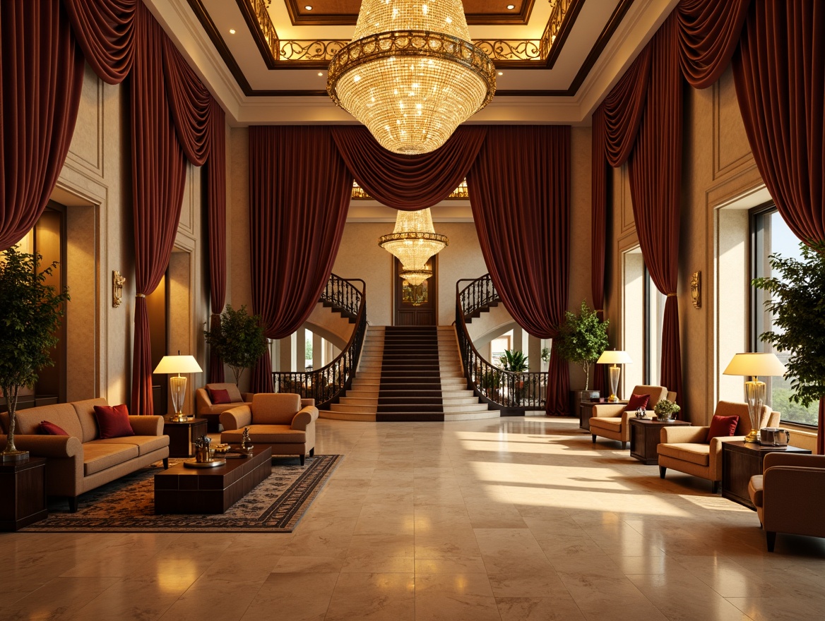 Prompt: Luxurious hotel lobby, rich velvet drapes, ornate gold chandeliers, intricately carved wooden furniture, plush sofas, majestic stone columns, grand staircase, lavish crystal fixtures, warm beige marble floors, Renaissance-inspired archways, opulent fabric upholstery, antique bronze hardware, soft warm lighting, dramatic high ceilings, 1/1 composition, realistic textures, ambient occlusion.