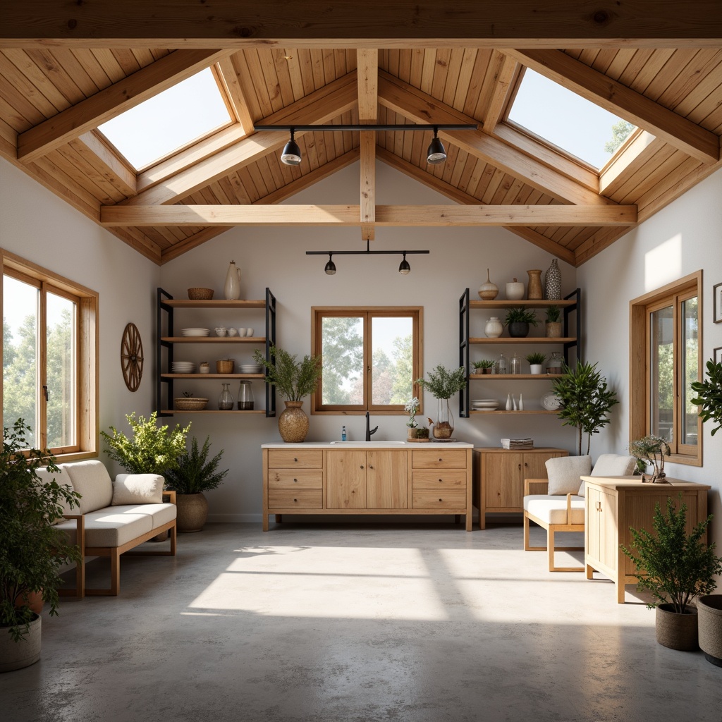 Prompt: Cozy Scandinavian family garage, warm wooden accents, soft pastel colors, natural light pouring in through skylights, industrial-style metal beams, functional pendant lamps, LED strip lighting under shelves, warm white recessed lights, minimalist decor, Scandinavian design elements, clean lines, functional storage solutions, rustic wood textures, earthy tones, morning sunlight, subtle shadows, 1/1 composition, softbox lighting, realistic render.