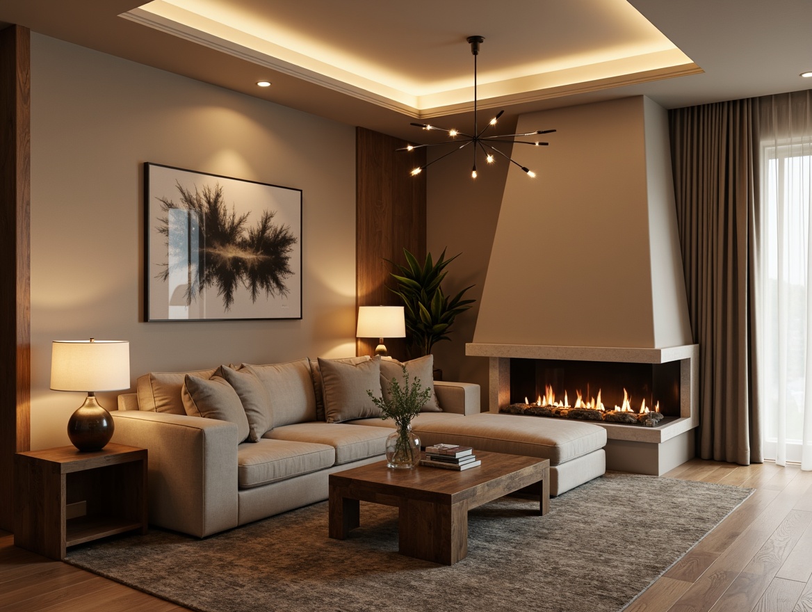 Prompt: Cozy living room, warm beige walls, plush velvet sofa, rustic wooden coffee table, soft diffused lighting, table lamps with linen shades, floor-to-ceiling curtains, sheer drapes, subtle LED strips, ambient glow, gentle spotlighting, warm neutral tones, inviting atmosphere, relaxing ambiance, calming color palette, natural stone fireplace, crackling fire sounds, comfortable throw pillows, textured rug, modern minimalist chandelier.