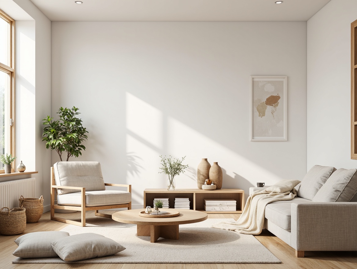 Prompt: Light-filled Scandinavian living room, minimalist furniture, sleek wooden floors, creamy white walls, sparse decor, natural textiles, woven baskets, Nordic-inspired patterns, simple geometric shapes, monochromatic color scheme, soft warm lighting, shallow depth of field, 1/1 composition, realistic wood textures, ambient occlusion, modern Scandinavian design elements, functional simplicity, cozy throw blankets, greenery accents.