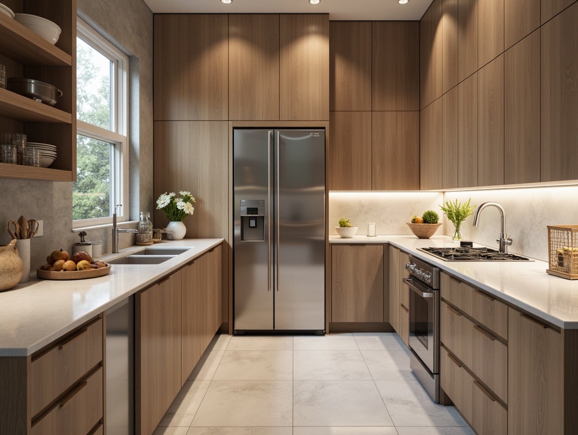 Prompt: Streamlined modern pantry, sleek cabinetry, minimalist hardware, quartz countertops, glossy finish, neutral color palette, stainless steel appliances, undermount sink, LED lighting, reflective surfaces, geometric patterns, subtle textures, warm ambient glow, shallow depth of field, 1/1 composition, realistic rendering.