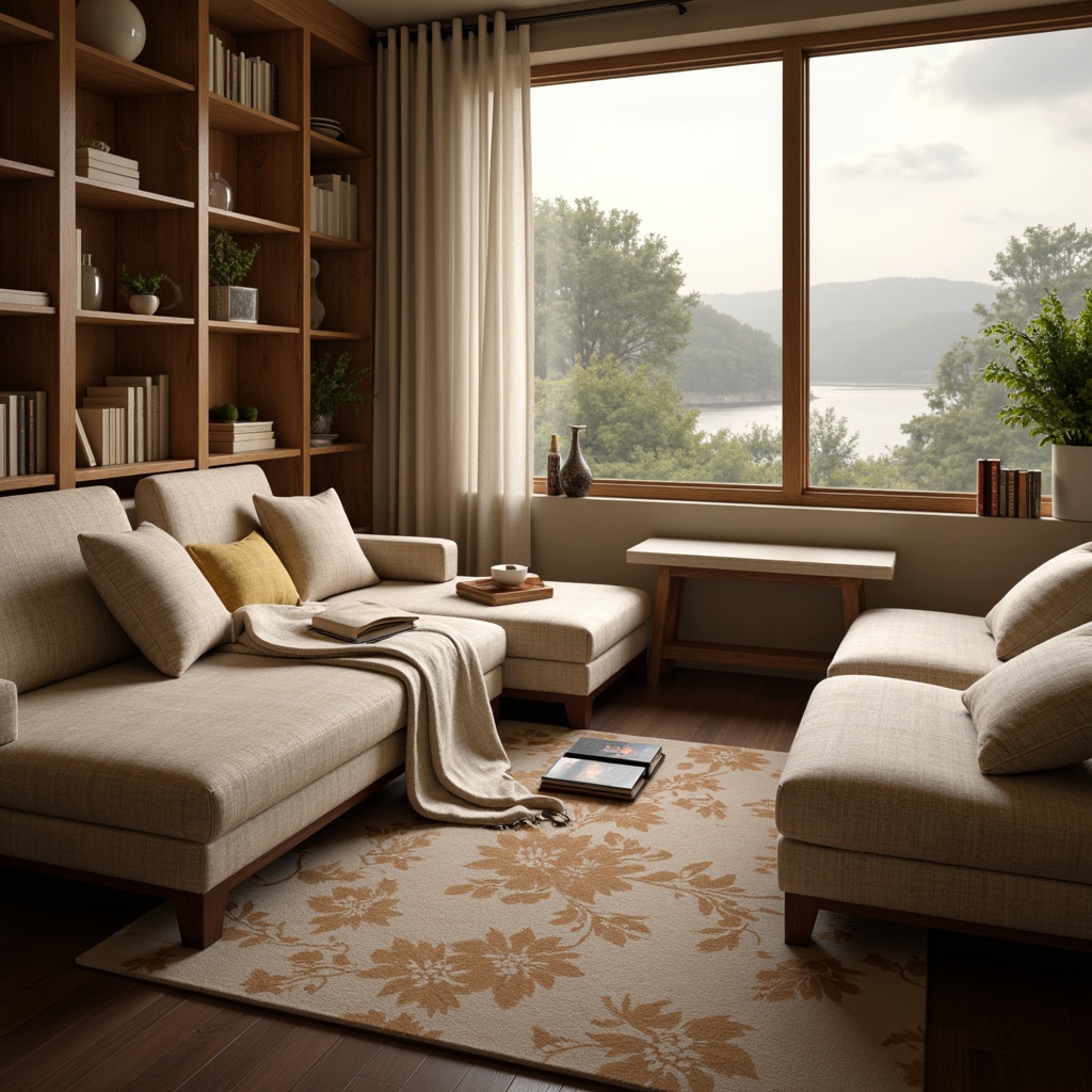 Prompt: Luxurious fabrics, soft velvet textures, intricate embroidery patterns, plush cushions, ergonomic designs, reclining sofas, adjustable headrests, warm beige tones, rich wood accents, subtle sheen finishes, ambient lighting, cozy reading nooks, tranquil atmosphere, serene natural landscapes, misty morning views, gentle sunlight filtering, 1/1 composition, soft focus blur, realistic fabric simulations.