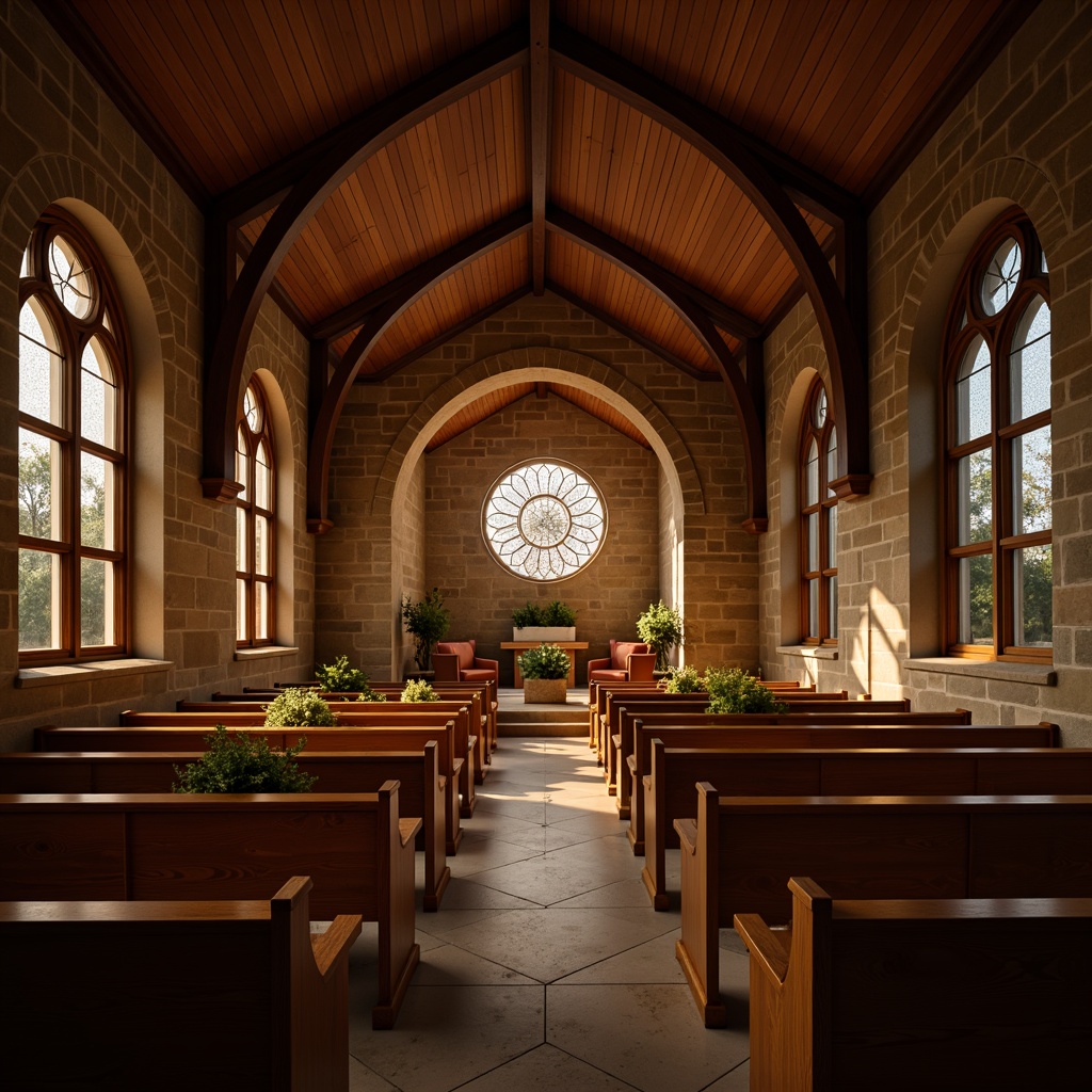 Prompt: Intimate worship space, warm wooden pews, soft cushioning, natural stone walls, vaulted ceilings, stained glass windows, ambient lighting, subtle color palette, reverberation reduction, sound absorption materials, acoustic panels, precise speaker placement, optimized microphone setup, crystal-clear audio, balanced frequency response, immersive sound experience, 1/2 composition, shallow depth of field, warm golden lighting.