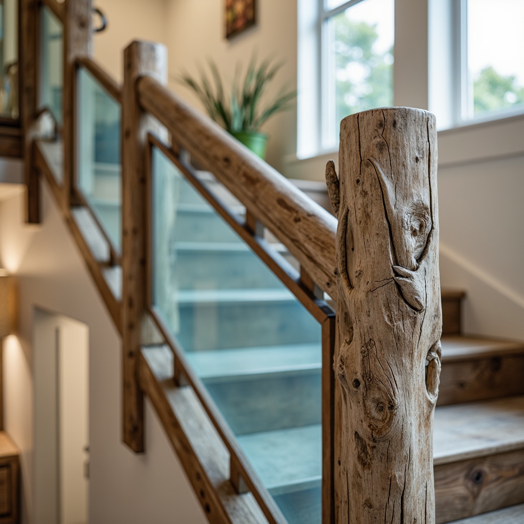 Prompt: Driftwood-inspired handrails, weathered wooden balusters, ocean-blue glass panels, beachy keel-shaped stringers, nautical rope details, distressed metal accents, sandy neutrals, sea-salt air, soft warm lighting, shallow depth of field, 1/1 composition, realistic wood textures, ambient occlusion.