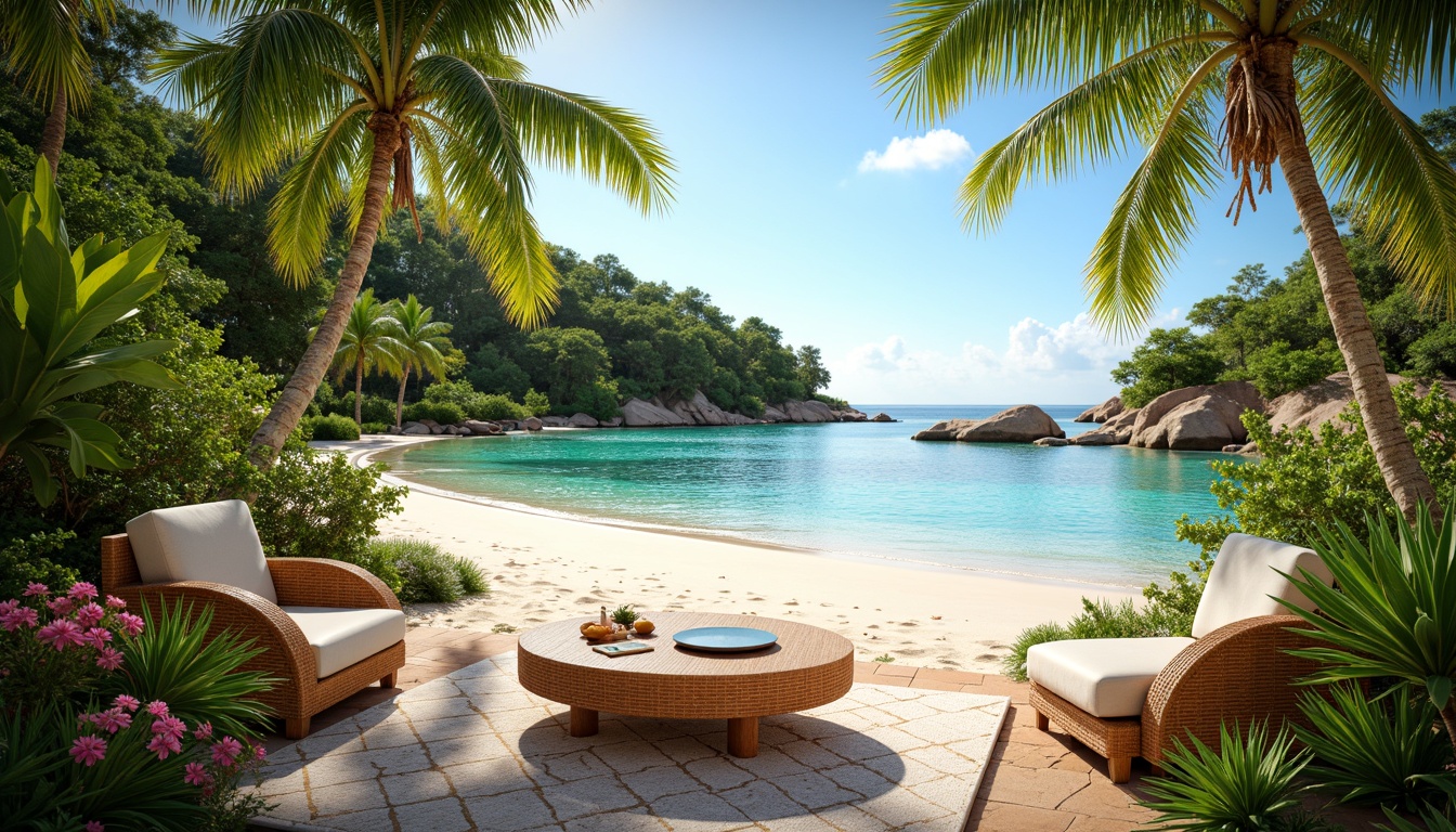 Prompt: Vibrant tropical landscape, lush greenery, exotic flowers, palm trees, warm sandy beaches, crystal-clear turquoise water, colorful coral reefs, bright sunny day, soft warm lighting, shallow depth of field, 3/4 composition, panoramic view, realistic textures, ambient occlusion, pastel color palette, soft peach tones, minty fresh hues, creamy whites, rich wood accents, natural textiles, woven fibers, rattan furniture, tropical leaf patterns, floral motifs, abstract geometric shapes.