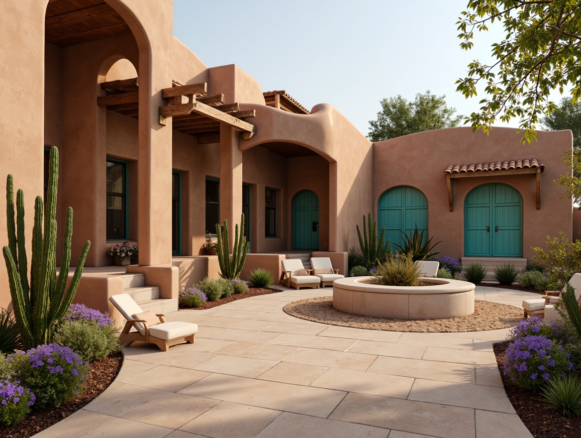 Prompt: Adobe earth-toned stucco walls, curved lines, organic shapes, rustic wooden accents, natural stone flooring, vibrant turquoise accents, terracotta roof tiles, ornate metalwork, intricate tile patterns, earthy color palette, desert botanicals, cacti, succulents, warm sandy tones, soft diffused lighting, shallow depth of field, 3/4 composition, panoramic view, realistic textures, ambient occlusion.