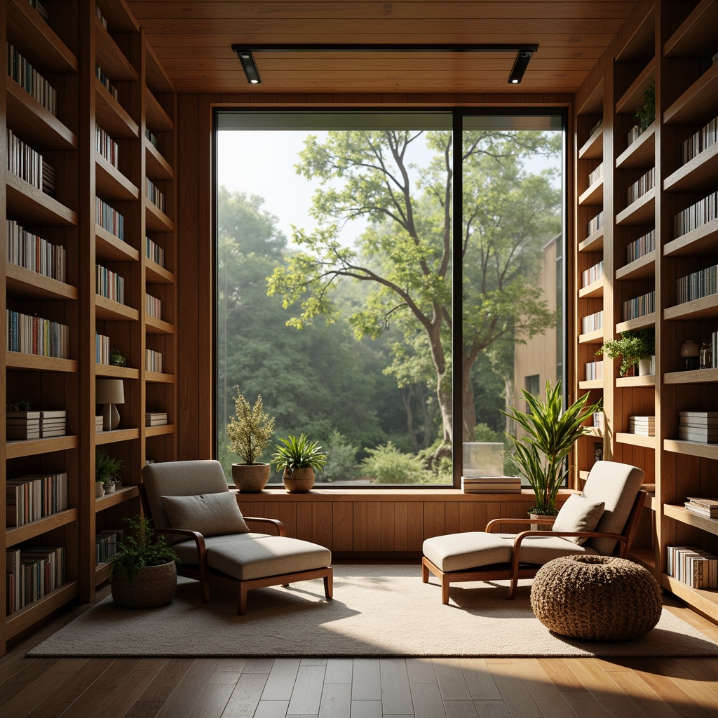 Prompt: Cozy reading nook, plush armchairs, wooden bookshelves, soft warm lighting, acoustic panels, sound-absorbing materials, minimalist decor, calming color palette, comfortable seating area, floor-to-ceiling windows, natural sunlight, lush greenery views, peaceful atmosphere, quiet ambiance, 1/1 composition, shallow depth of field, realistic textures, ambient occlusion.