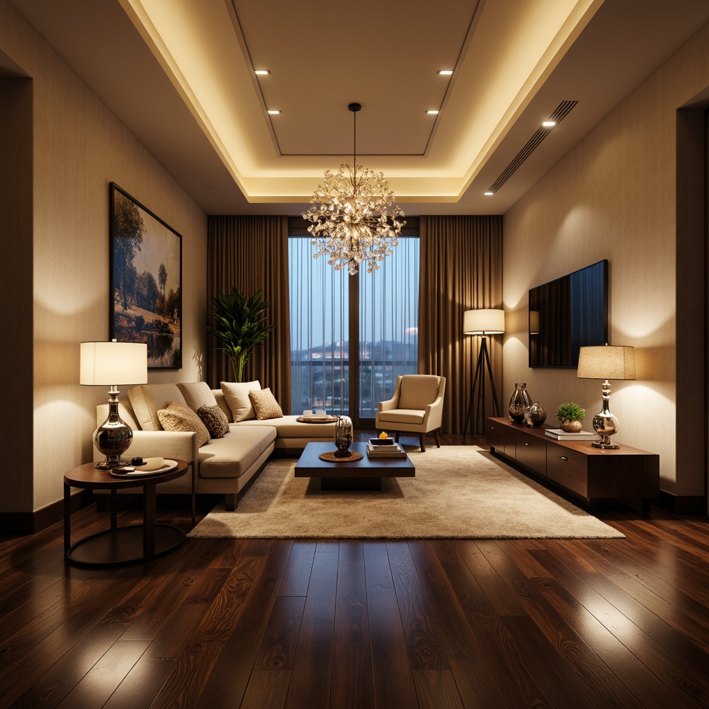 Prompt: Elegant living room, warm beige walls, dark wood flooring, plush area rug, modern sectional sofa, floor-to-ceiling windows, natural daylight, soft ambient lighting, table lamps, pendant lights, LED strip lights, crystal chandelier, polished chrome fixtures, textured glass shades, warm white light, cozy atmosphere, intimate setting, dramatic shadows, layered lighting effect.