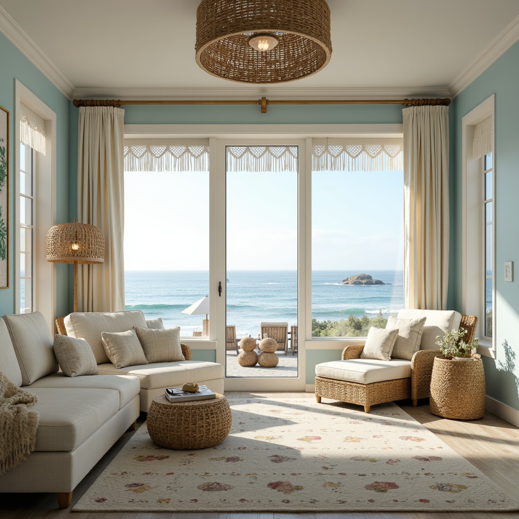 Prompt: Soft coastal bedroom, calming ocean views, light blue walls, creamy white furniture, woven sea grass baskets, natural fiber rugs, driftwood accents, shells and pebbles decor, linen fabrics, cotton lace trimmings, embroidered beach scenes, ocean-inspired patterns, soothing color palette, warm golden lighting, relaxed atmosphere, plush pillows, comfortable reading nook, serene ambiance, shallow depth of field, 1/2 composition, soft focus, gentle textures.