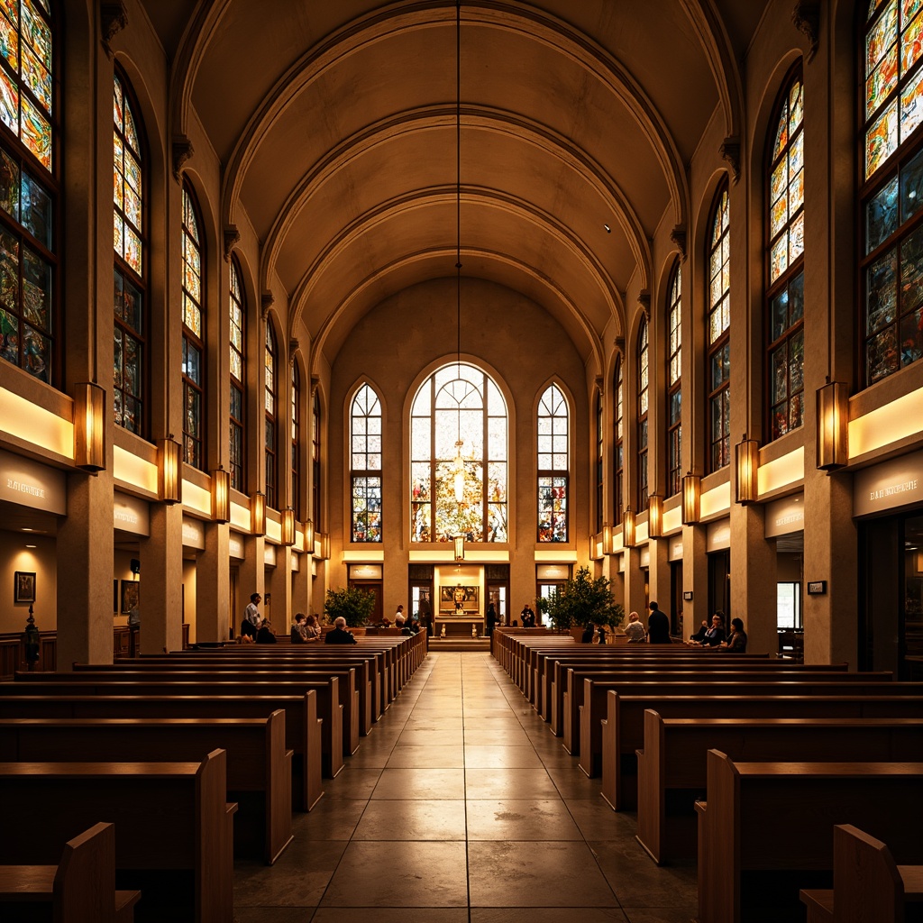 Prompt: \Sophisticated church interior, high ceilings, stained glass windows, warm golden lighting, soft diffused illumination, subtle shadows, elegant chandeliers, suspended lamps, LED strips, minimalist pews, polished wooden floors, sacred symbols, serene ambiance, natural materials, textured stone walls, dramatic altar, vibrant colors, realistic reflections, 1/1 composition, symmetrical framing, gentle backlighting.\