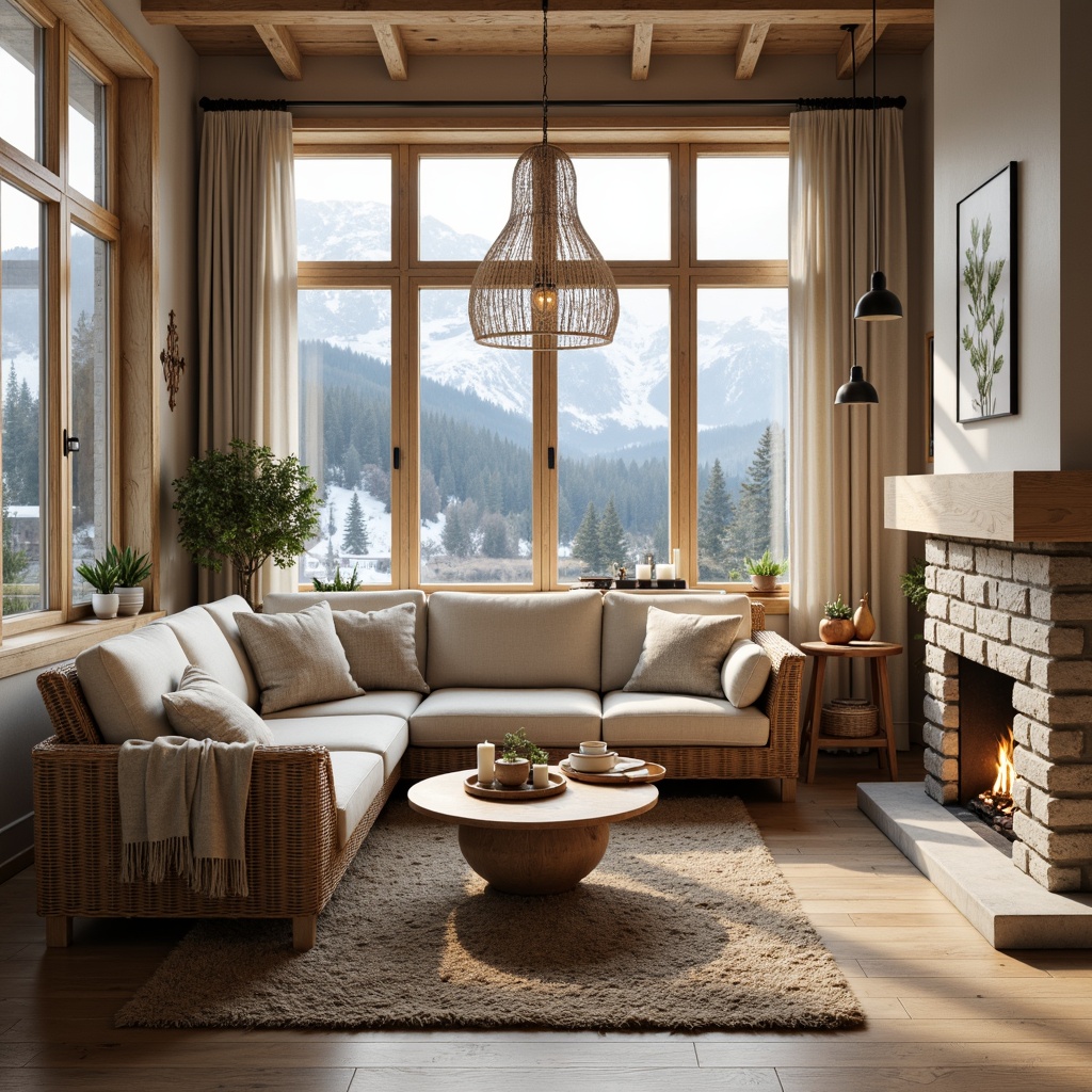 Prompt: Cozy living room, natural textures, wooden accents, light-colored oak floors, woven wicker furniture, plush woolen rugs, soft linen upholstery, minimal ornamentation, warm candle lighting, earthy color palette, nature-inspired artwork, botanical prints, large windows, Nordic landscape views, snow-capped mountains, frosty mornings, airy atmosphere, 1/1 composition, softbox lighting, realistic wood grain textures, ambient occlusion.