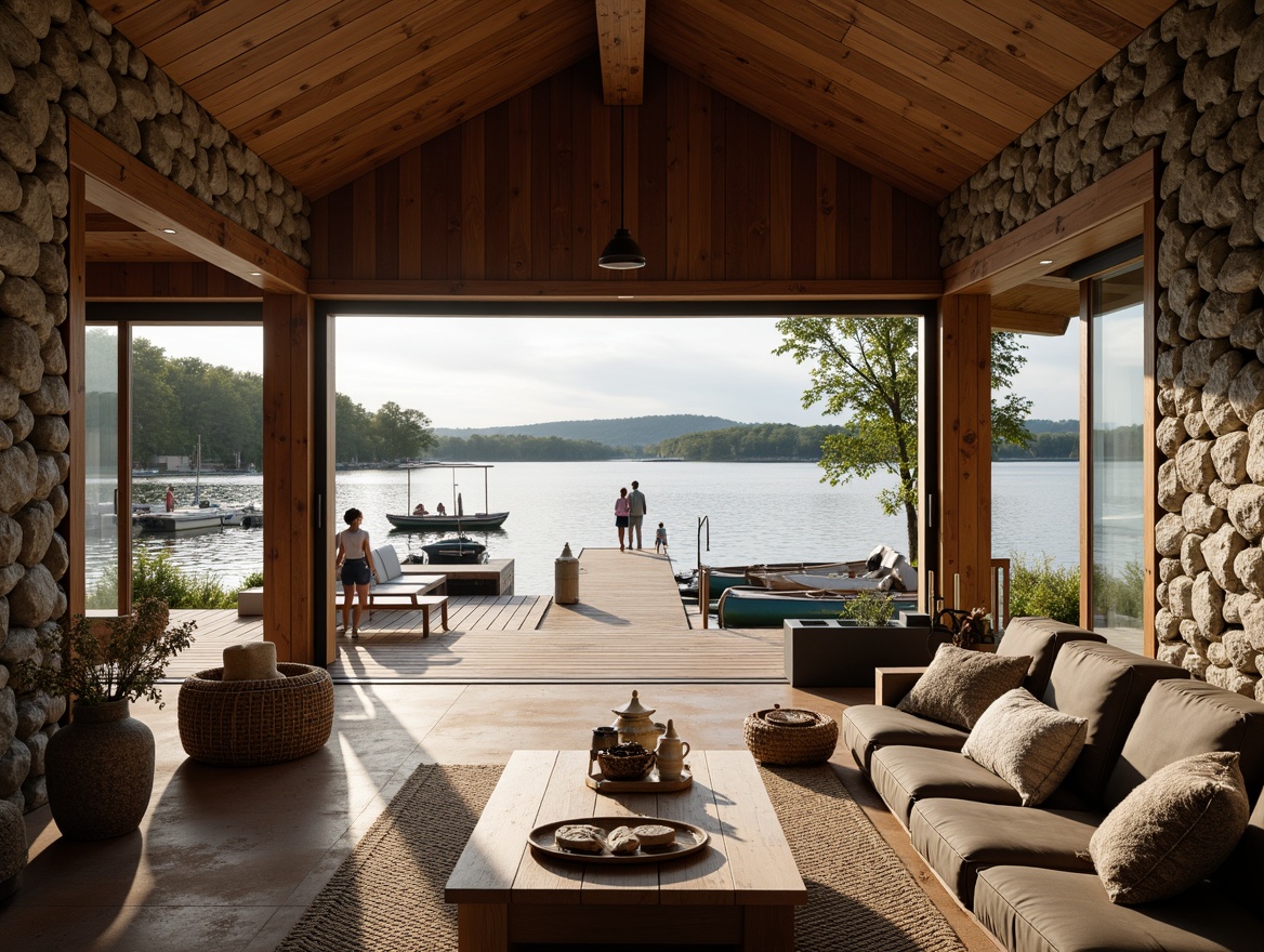 Prompt: Cozy boathouse, waterfront location, tranquil lake views, wooden docks, sailboats, canoes, natural stone walls, rustic wooden accents, nautical decor, soft warm lighting, shallow depth of field, 1/1 composition, panoramic view, realistic textures, ambient occlusion, open floor plan, high ceilings, large windows, sliding glass doors, comfortable furniture, plush cushions, earthy color palette, organic textiles, woven baskets, vintage nautical items.