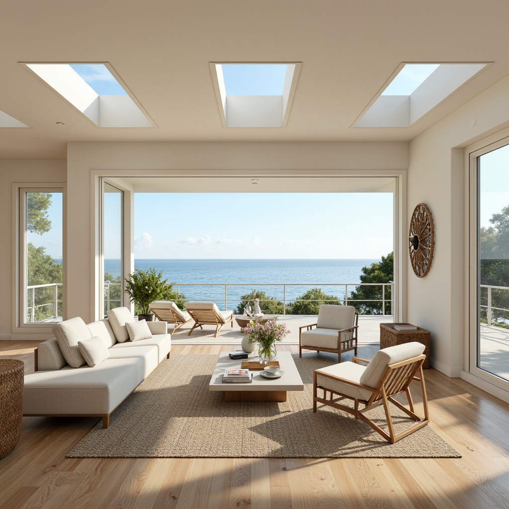 Prompt: Serene coastal living room, soft creamy walls, calming ocean views, large windows, sliding glass doors, minimal obstruction, clerestory windows, skylights, reflective surfaces, polished wooden floors, natural fiber textiles, woven seagrass rugs, driftwood accents, beachy color palette, pale blues, whites, sandy neutrals, warm sunny day, soft diffused lighting, shallow depth of field, 1/1 composition, panoramic view, realistic textures, ambient occlusion.