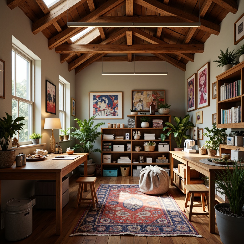 Prompt: Cozy craft room, warm wooden tables, comfortable stools, abundant natural light, soft box lighting, task lamps, adjustable arm lights, vibrant colorful fabrics, assorted threads, sewing machines, inspirational artwork, creative storage bins, rustic wooden shelves, earthy tone walls, plush area rug, relaxing ambient glow, high ceiling, clerestory windows, indirect warm lighting, 1/1 composition, intimate atmosphere.