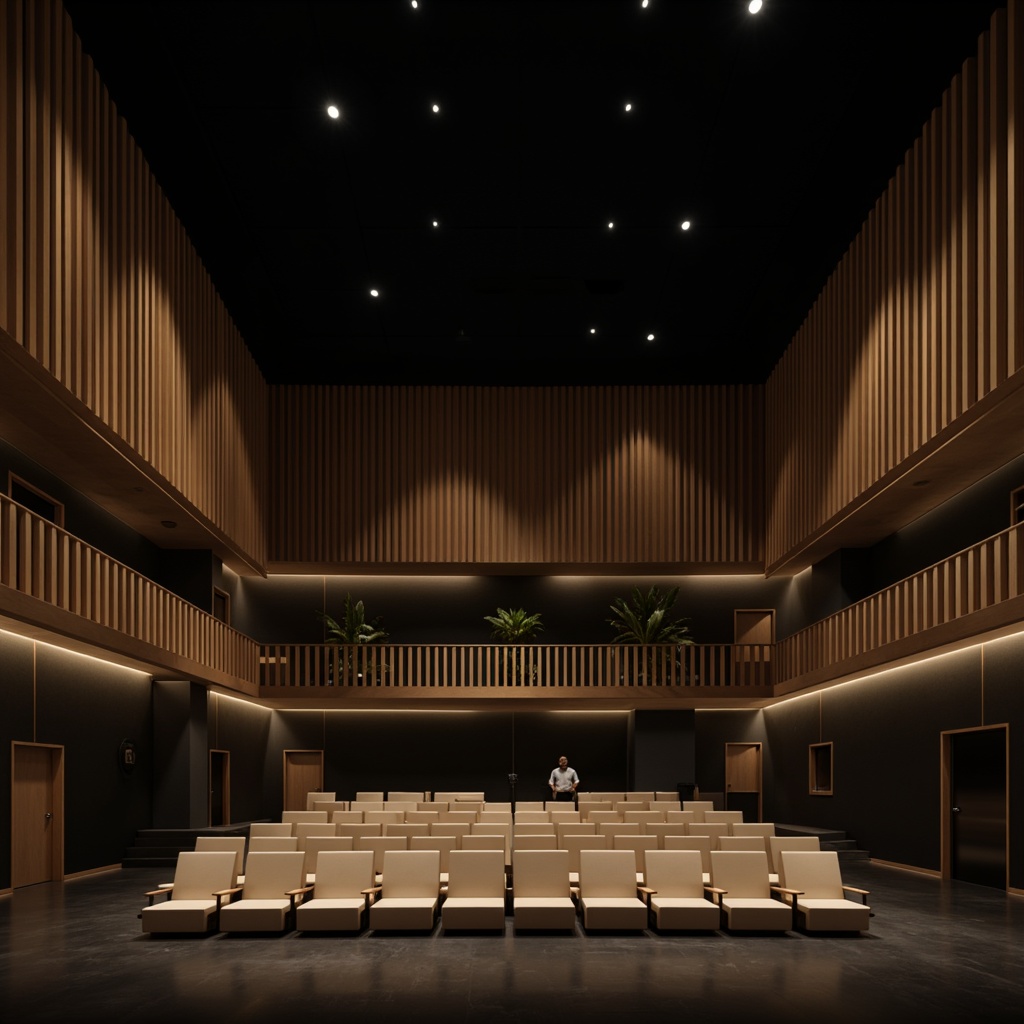 Prompt: Minimalist theater interior, clean lines, monochromatic color scheme, acoustic panels, sound-absorbing materials, tiered seating, spotlights, dark floor, bare walls, functional simplicity, geometric shapes, abstract decorations, subtle textures, warm ambient lighting, shallow depth of field, 1/1 composition, realistic renderings.