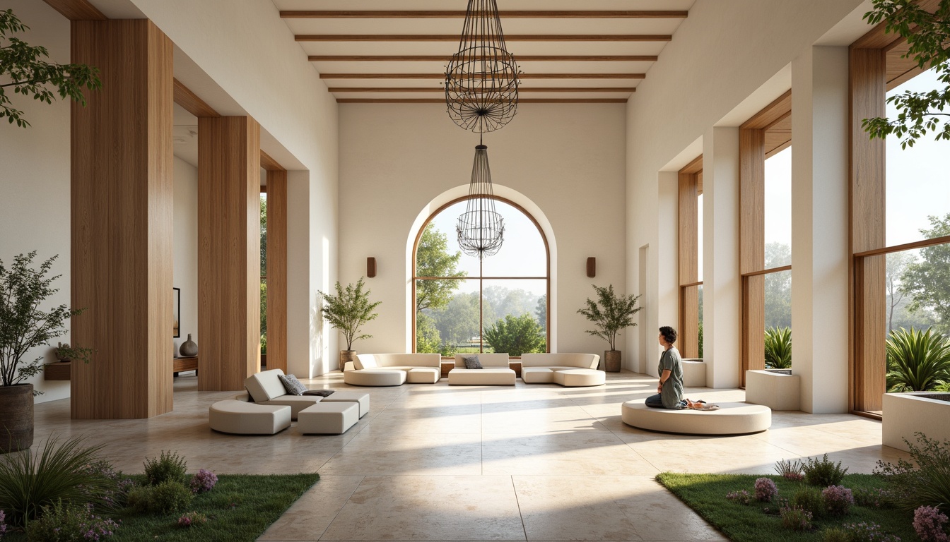 Prompt: Serenity Prayer Hall, minimalist architecture, clean lines, monochromatic color scheme, natural light pouring in, subtle textures, simplistic furnishings, elegant chandeliers, solemn ambiance, peaceful atmosphere, soft warm lighting, shallow depth of field, 1/1 composition, symmetrical framing, realistic renderings, ambient occlusion, sacred symbols, subtle patterns, natural materials, wooden accents, stone floors, calming water features, lush greenery, blooming flowers, sunny day.