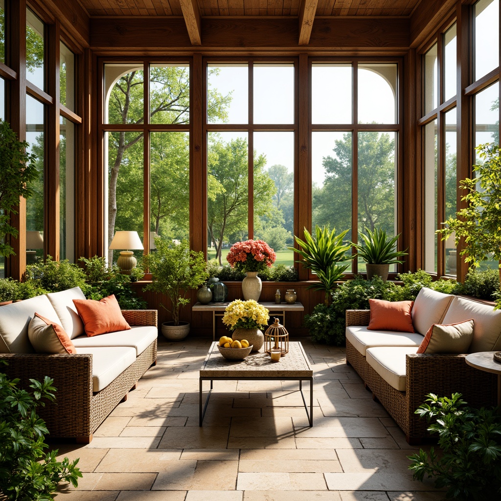 Prompt: Vibrant sunroom, lush greenery, natural stone flooring, warm wood accents, comfortable wicker furniture, plush throw pillows, ornate metal decorations, elegant glass tables, stylish lanterns, colorful ceramic vases, blooming flower arrangements, bright sunny day, soft warm lighting, shallow depth of field, 3/4 composition, panoramic view, realistic textures, ambient occlusion.