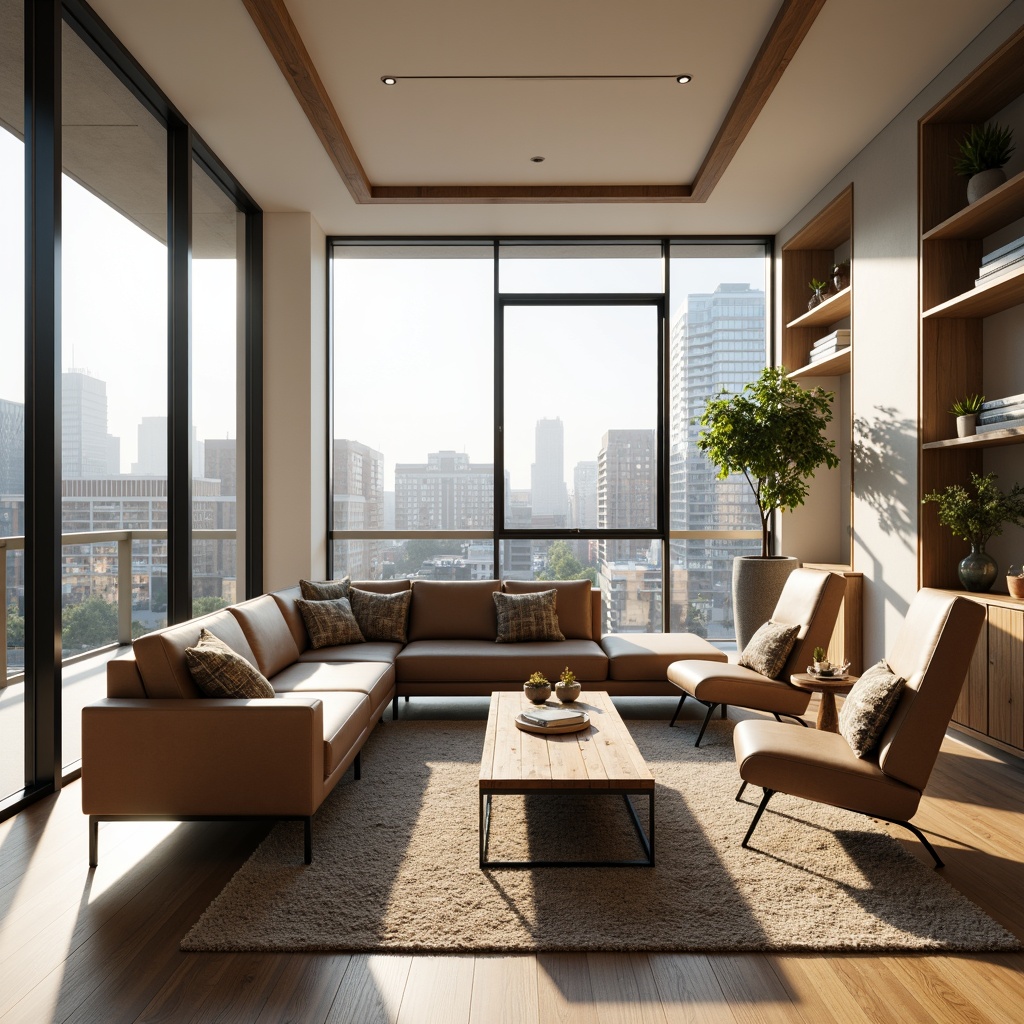 Prompt: Modern minimalist living room, sleek low-profile sofa, ergonomic chairs, reclaimed wood coffee table, industrial metal legs, cozy throw pillows, natural fiber rugs, floor-to-ceiling windows, urban cityscape views, warm afternoon sunlight, soft box lighting, 1/2 composition, shallow depth of field, realistic textures, ambient occlusion.